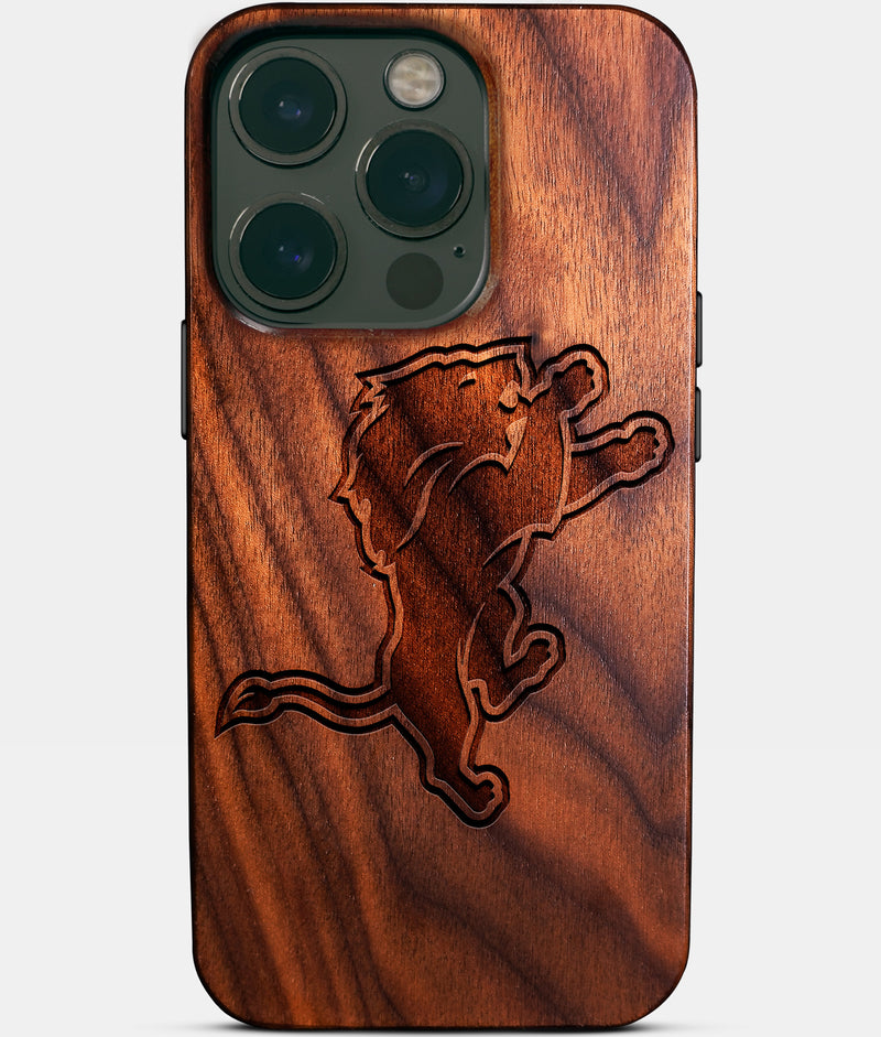 Eco-friendly Detroit Lions iPhone 14 Pro Case - Carved Wood Custom Detroit Lions Gift For Him - Monogrammed Personalized iPhone 14 Pro Cover By Engraved In Nature