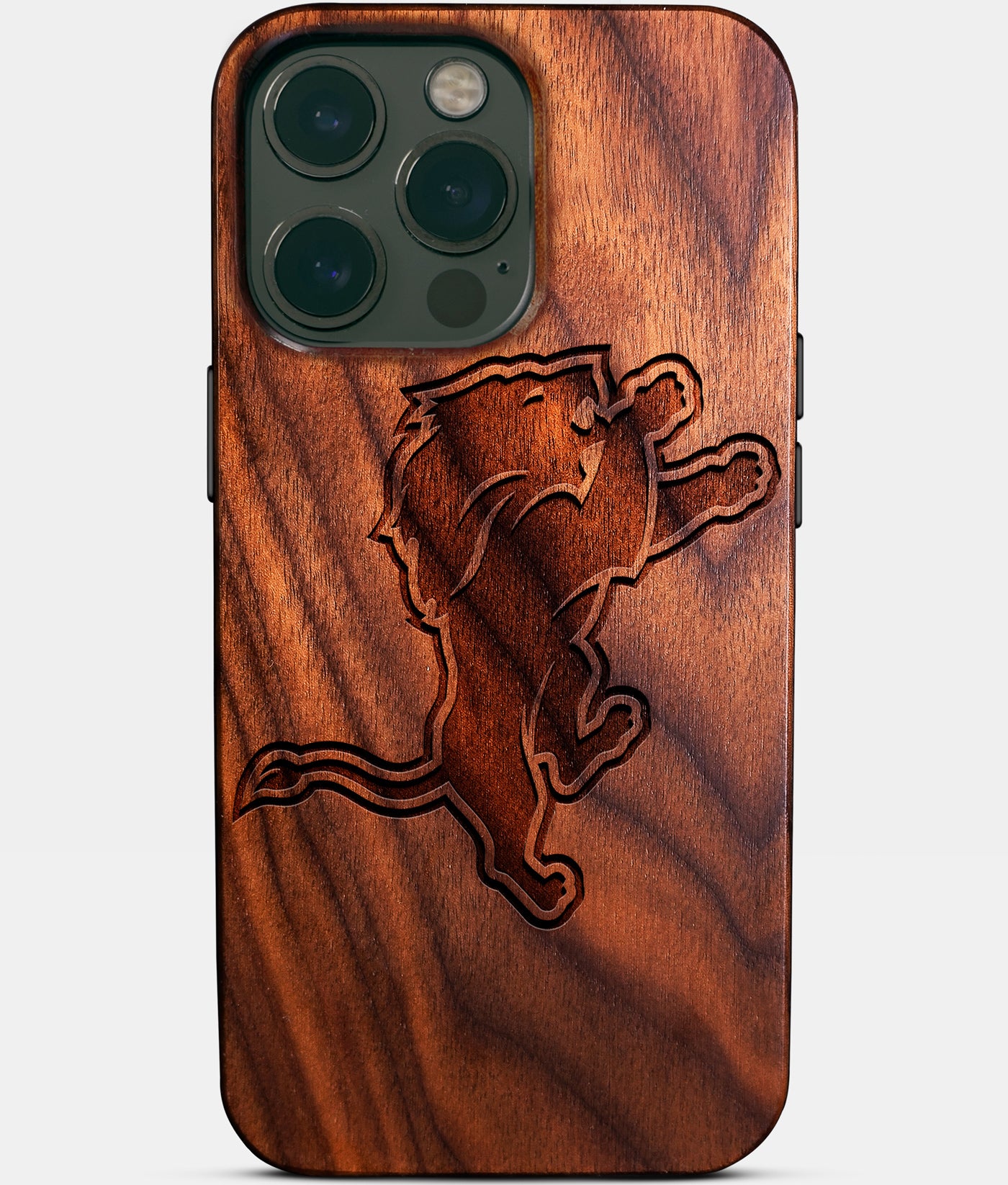 Eco-friendly Detroit Lions iPhone 14 Pro Max Case - Carved Wood Custom Detroit Lions Gift For Him - Monogrammed Personalized iPhone 14 Pro Max Cover By Engraved In Nature