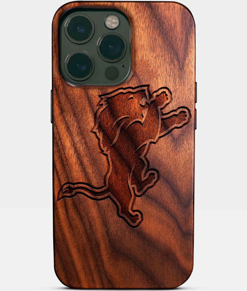 Eco-friendly Detroit Lions iPhone 14 Pro Max Case - Carved Wood Custom Detroit Lions Gift For Him - Monogrammed Personalized iPhone 14 Pro Max Cover By Engraved In Nature