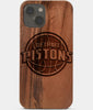 Carved Wood Detroit Pistons iPhone 13 Case | Custom Detroit Pistons Gift, Birthday Gift | Personalized Mahogany Wood Cover, Gifts For Him, Monogrammed Gift For Fan | by Engraved In Nature