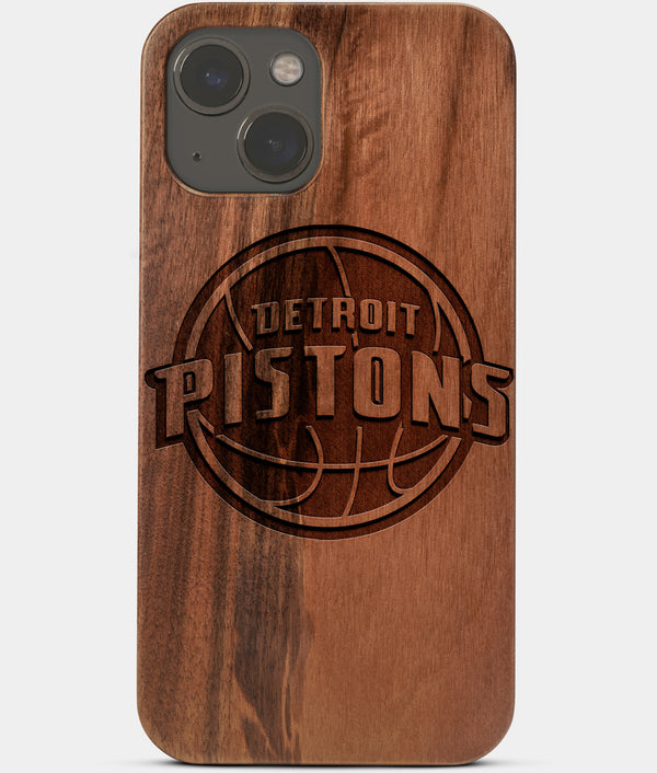 Carved Wood Detroit Pistons iPhone 13 Mini Case | Custom Detroit Pistons Gift, Birthday Gift | Personalized Mahogany Wood Cover, Gifts For Him, Monogrammed Gift For Fan | by Engraved In Nature