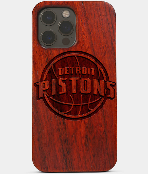 Carved Wood Detroit Pistons iPhone 13 Pro Case | Custom Detroit Pistons Gift, Birthday Gift | Personalized Mahogany Wood Cover, Gifts For Him, Monogrammed Gift For Fan | by Engraved In Nature