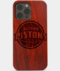 Carved Wood Detroit Pistons iPhone 13 Pro Case | Custom Detroit Pistons Gift, Birthday Gift | Personalized Mahogany Wood Cover, Gifts For Him, Monogrammed Gift For Fan | by Engraved In Nature