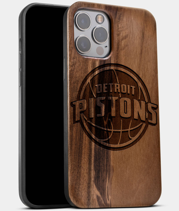 Best Wood Detroit Pistons iPhone 13 Pro Case | Custom Detroit Pistons Gift | Walnut Wood Cover - Engraved In Nature