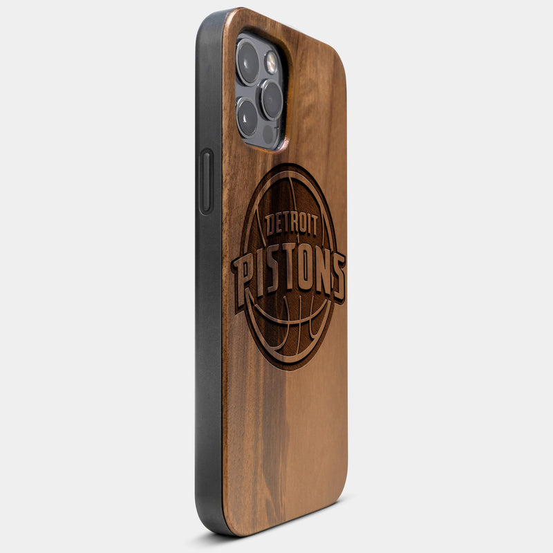 Best Wood Detroit Pistons iPhone 13 Pro Case | Custom Detroit Pistons Gift | Walnut Wood Cover - Engraved In Nature