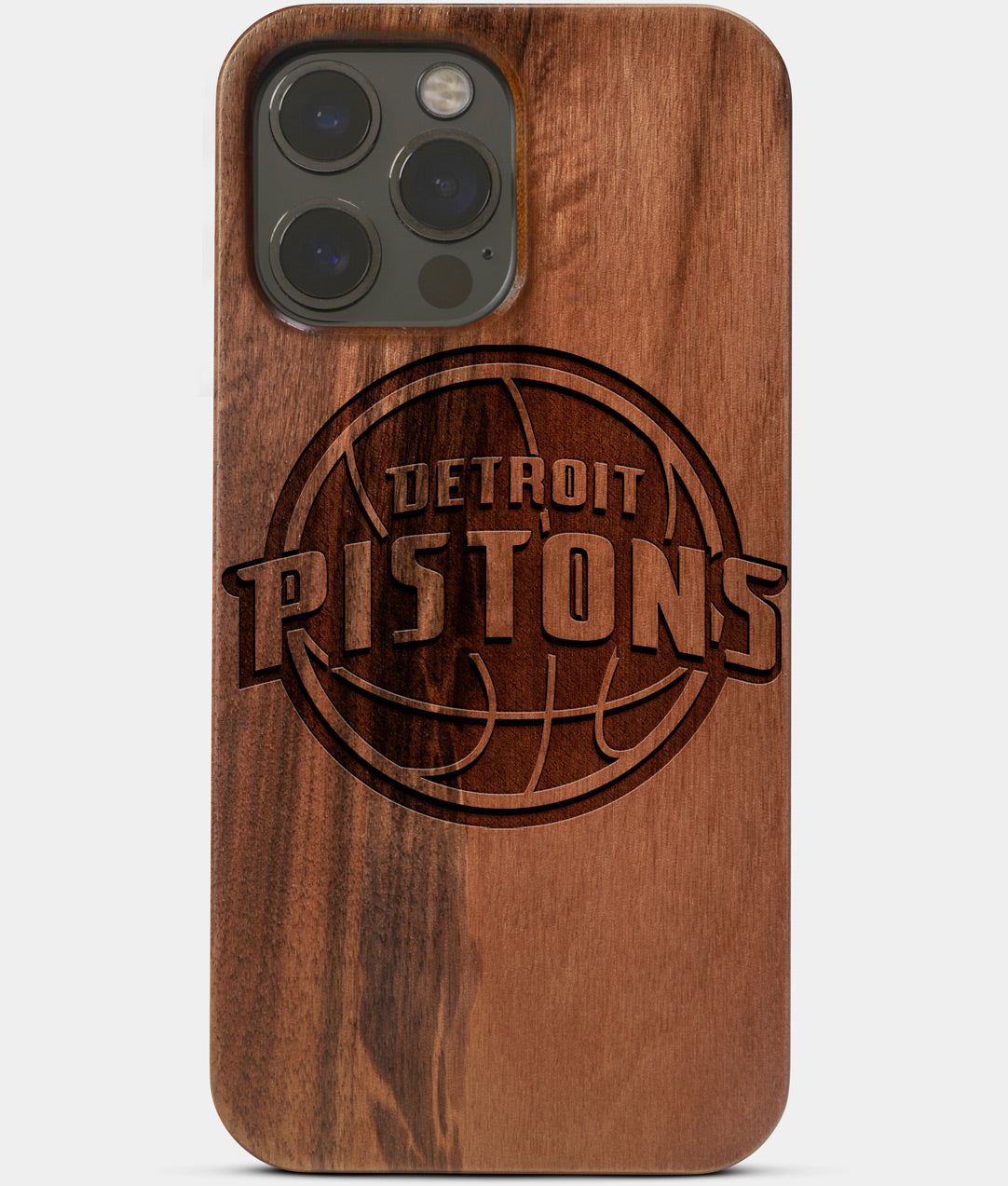 Carved Wood Detroit Pistons iPhone 13 Pro Case | Custom Detroit Pistons Gift, Birthday Gift | Personalized Mahogany Wood Cover, Gifts For Him, Monogrammed Gift For Fan | by Engraved In Nature