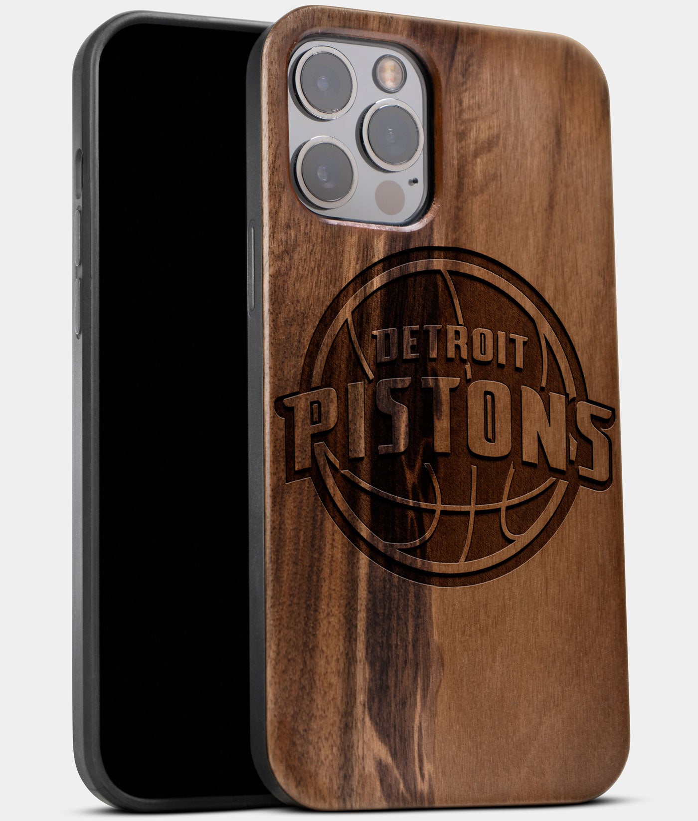 Best Wood Detroit Pistons iPhone 13 Pro Max Case | Custom Detroit Pistons Gift | Walnut Wood Cover - Engraved In Nature