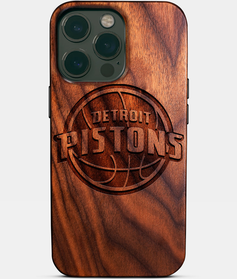 Eco-friendly Detroit Pistons iPhone 14 Pro Max Case - Carved Wood Custom Detroit Pistons Gift For Him - Monogrammed Personalized iPhone 14 Pro Max Cover By Engraved In Nature