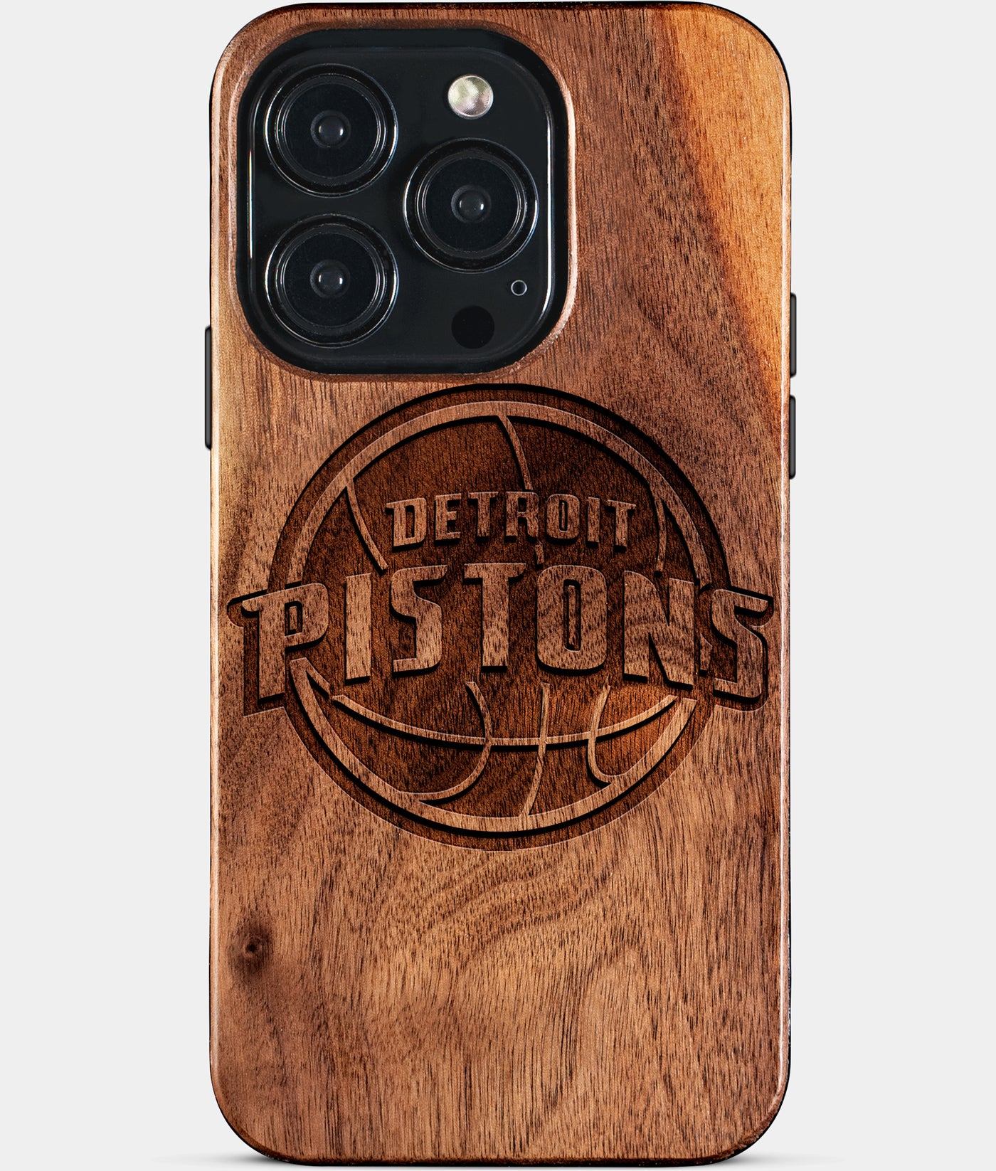 Eco-friendly Detroit Pistons iPhone 15 Pro Case - Carved Wood Custom Detroit Pistons Gift For Him - Monogrammed Personalized iPhone 15 Pro Cover By Engraved In Nature