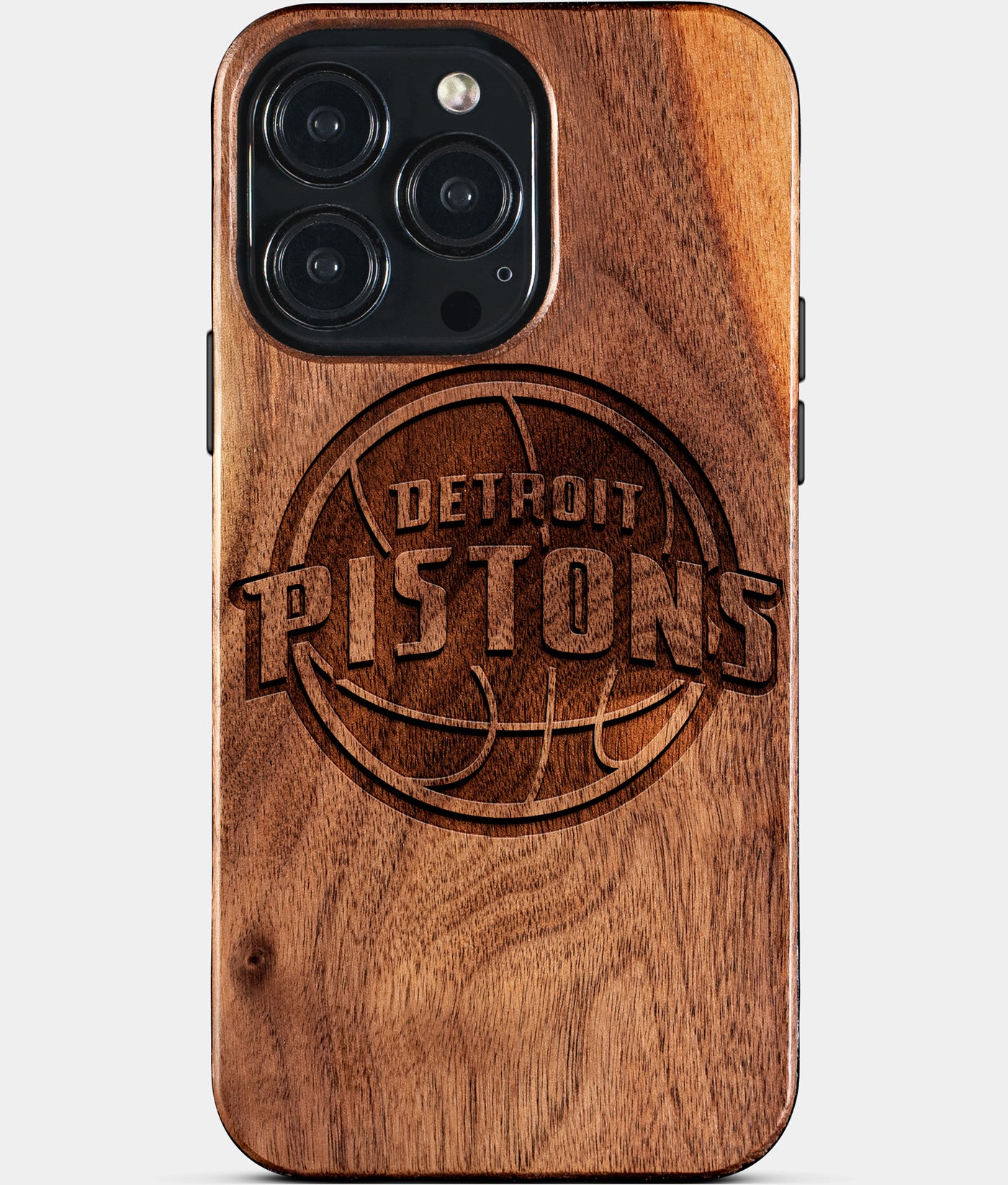 Eco-friendly Detroit Pistons iPhone 15 Pro Max Case - Carved Wood Custom Detroit Pistons Gift For Him - Monogrammed Personalized iPhone 15 Pro Max Cover By Engraved In Nature