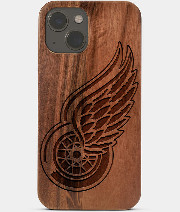 Carved Wood Detroit Red Wings iPhone 13 Mini Case | Custom Detroit Red Wings Gift, Birthday Gift | Personalized Mahogany Wood Cover, Gifts For Him, Monogrammed Gift For Fan | by Engraved In Nature