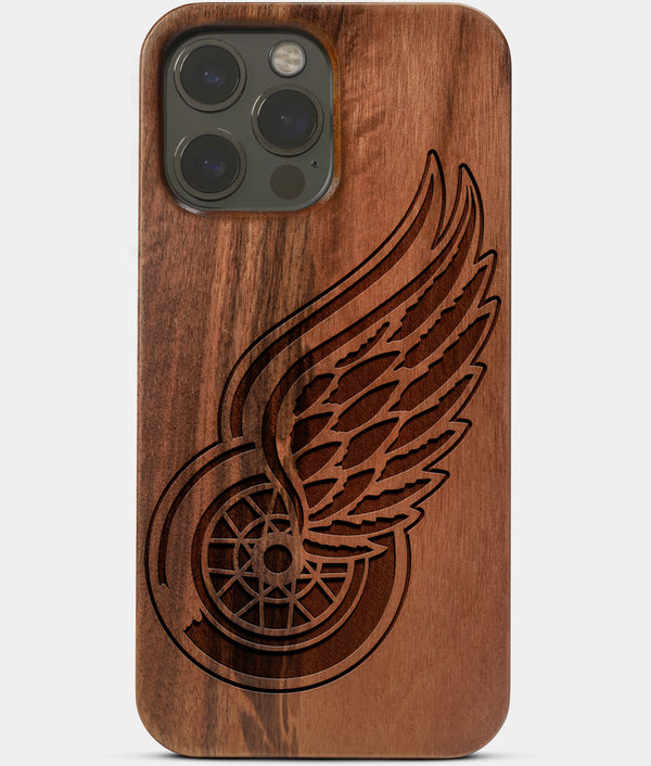 Carved Wood Detroit Red Wings iPhone 13 Pro Case | Custom Detroit Red Wings Gift, Birthday Gift | Personalized Mahogany Wood Cover, Gifts For Him, Monogrammed Gift For Fan | by Engraved In Nature