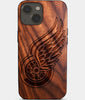 Eco-friendly Detroit Red Wings iPhone 14 Case - Carved Wood Custom Detroit Red Wings Gift For Him - Monogrammed Personalized iPhone 14 Cover By Engraved In Nature
