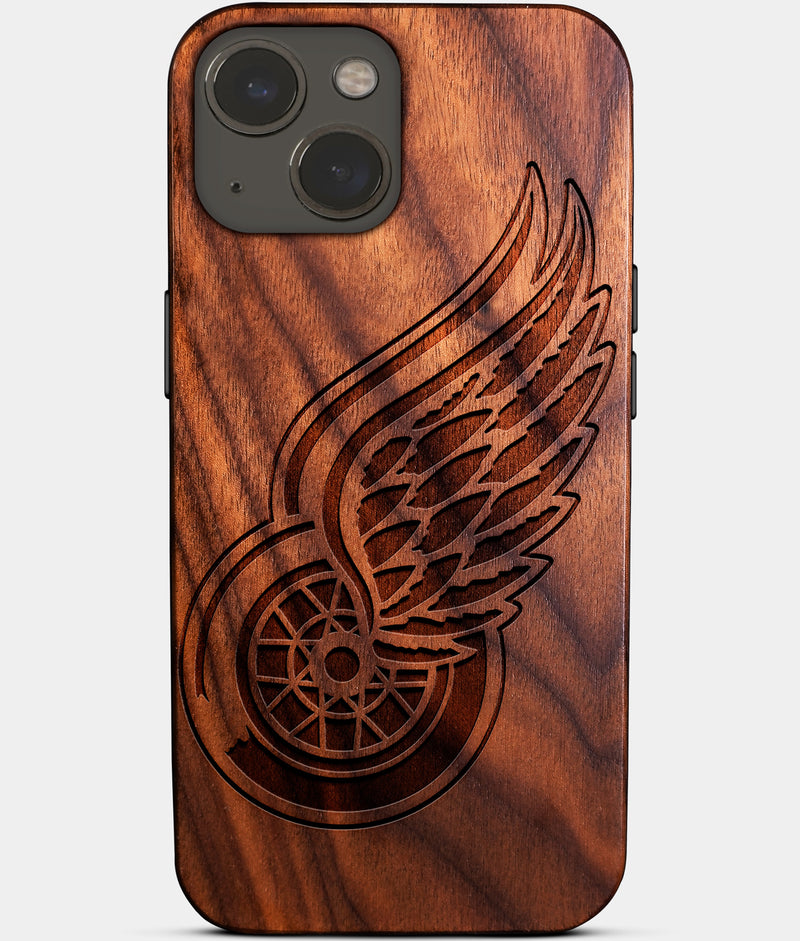 Eco-friendly Detroit Red Wings iPhone 14 Plus Case - Carved Wood Custom Detroit Red Wings Gift For Him - Monogrammed Personalized iPhone 14 Plus Cover By Engraved In Nature
