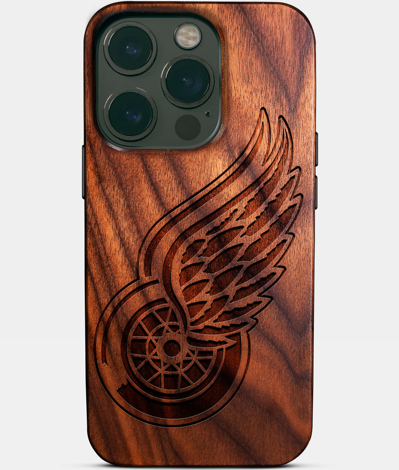 Eco-friendly Detroit Red Wings iPhone 14 Pro Case - Carved Wood Custom Detroit Red Wings Gift For Him - Monogrammed Personalized iPhone 14 Pro Cover By Engraved In Nature