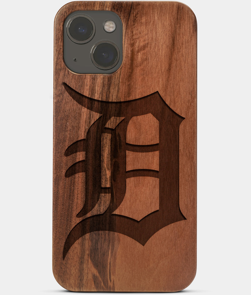 Carved Wood Detroit Tigers iPhone 13 Case | Custom Detroit Tigers Gift, Birthday Gift | Personalized Mahogany Wood Cover, Gifts For Him, Monogrammed Gift For Fan | by Engraved In Nature