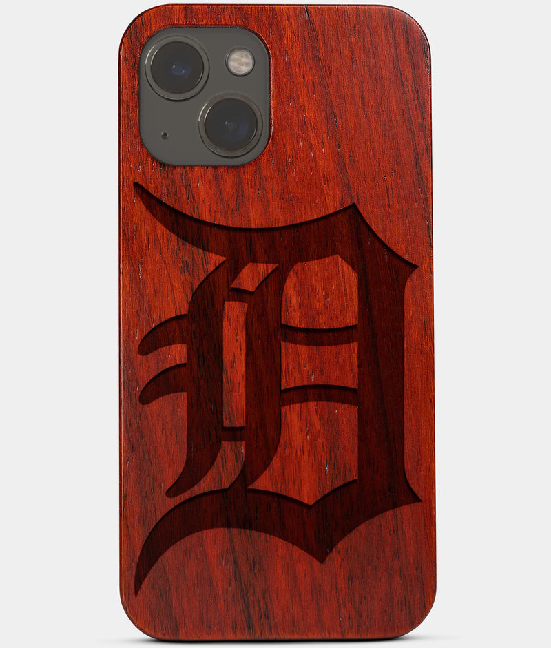 Carved Wood Detroit Tigers iPhone 13 Mini Case | Custom Detroit Tigers Gift, Birthday Gift | Personalized Mahogany Wood Cover, Gifts For Him, Monogrammed Gift For Fan | by Engraved In Nature