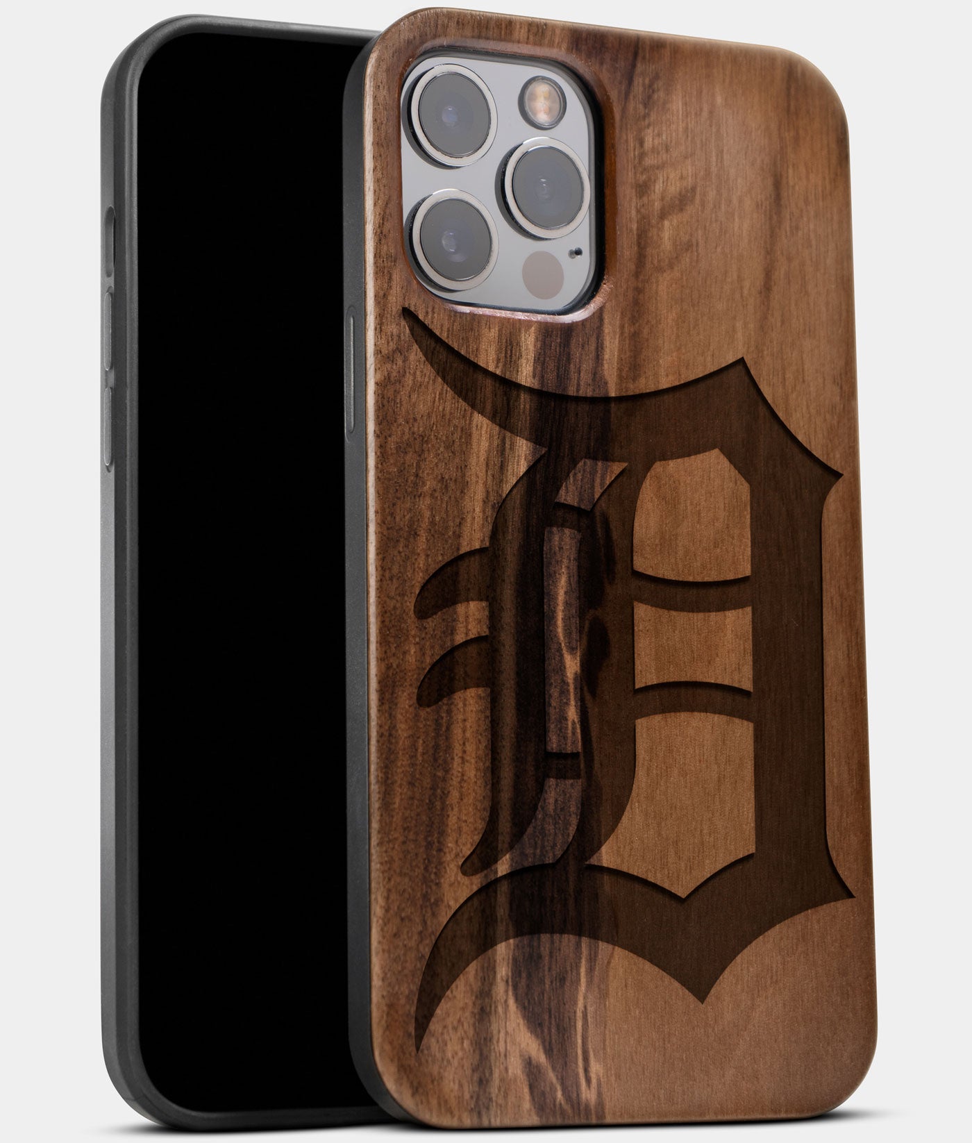 Best Wood Detroit Tigers iPhone 13 Pro Max Case | Custom Detroit Tigers Gift | Walnut Wood Cover - Engraved In Nature