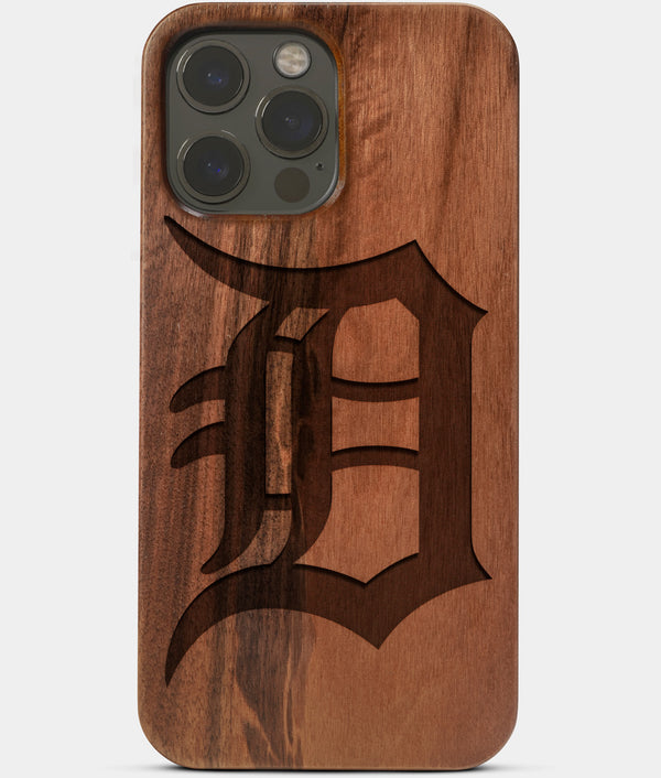 Carved Wood Detroit Tigers iPhone 13 Pro Max Case | Custom Detroit Tigers Gift, Birthday Gift | Personalized Mahogany Wood Cover, Gifts For Him, Monogrammed Gift For Fan | by Engraved In Nature