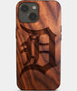 Eco-friendly Detroit Tigers iPhone 14 Case - Carved Wood Custom Detroit Tigers Gift For Him - Monogrammed Personalized iPhone 14 Cover By Engraved In Nature