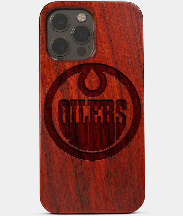 Carved Wood Edmonton Oilers iPhone 13 Pro Case | Custom Edmonton Oilers Gift, Birthday Gift | Personalized Mahogany Wood Cover, Gifts For Him, Monogrammed Gift For Fan | by Engraved In Nature
