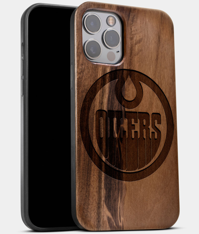 Best Wood Edmonton Oilers iPhone 13 Pro Max Case | Custom Edmonton Oilers Gift | Walnut Wood Cover - Engraved In Nature