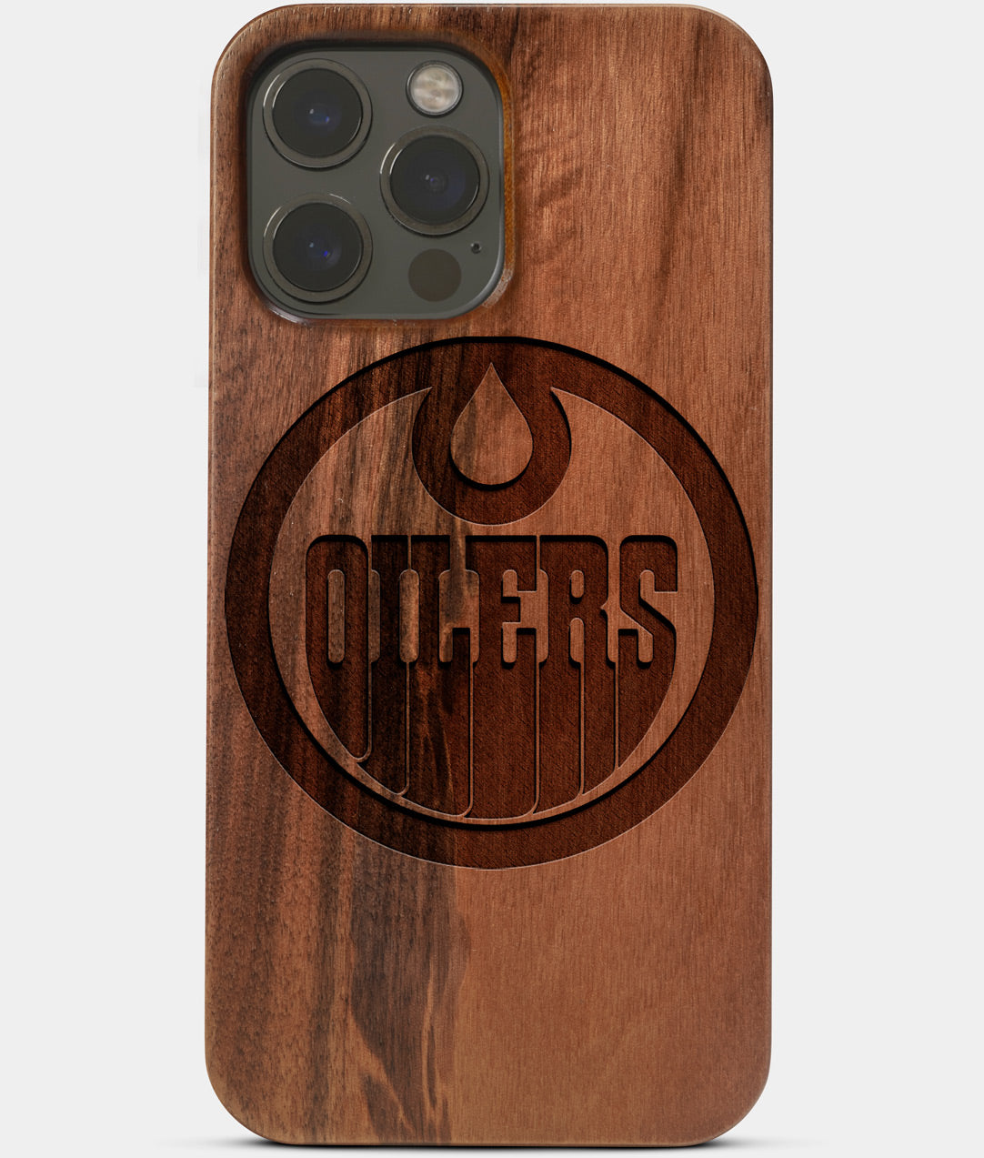 Carved Wood Edmonton Oilers iPhone 13 Pro Max Case | Custom Edmonton Oilers Gift, Birthday Gift | Personalized Mahogany Wood Cover, Gifts For Him, Monogrammed Gift For Fan | by Engraved In Nature