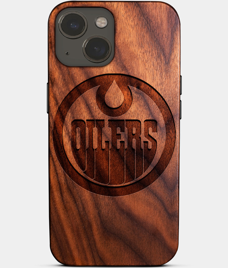 Eco-friendly Edmonton Oilers iPhone 14 Plus Case - Carved Wood Custom Edmonton Oilers Gift For Him - Monogrammed Personalized iPhone 14 Plus Cover By Engraved In Nature