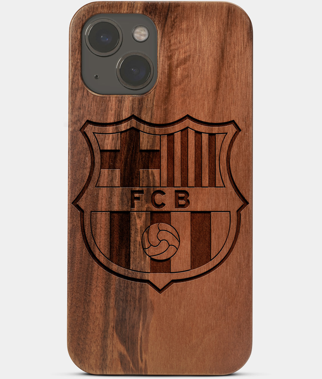 Carved Wood FC Barcelona iPhone 13 Case | Custom FC Barcelona Gift, Birthday Gift | Personalized Mahogany Wood Cover, Gifts For Him, Monogrammed Gift For Fan | by Engraved In Nature