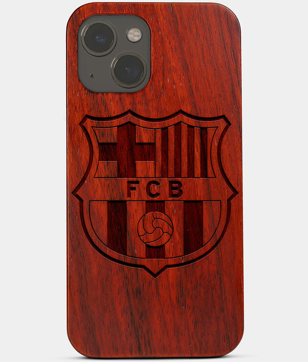 Carved Wood FC Barcelona iPhone 13 Mini Case | Custom FC Barcelona Gift, Birthday Gift | Personalized Mahogany Wood Cover, Gifts For Him, Monogrammed Gift For Fan | by Engraved In Nature