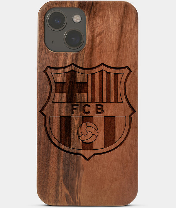 Carved Wood FC Barcelona iPhone 13 Mini Case | Custom FC Barcelona Gift, Birthday Gift | Personalized Mahogany Wood Cover, Gifts For Him, Monogrammed Gift For Fan | by Engraved In Nature