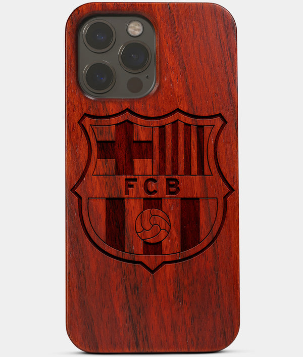 Carved Wood FC Barcelona iPhone 13 Pro Case | Custom FC Barcelona Gift, Birthday Gift | Personalized Mahogany Wood Cover, Gifts For Him, Monogrammed Gift For Fan | by Engraved In Nature