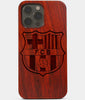 Carved Wood FC Barcelona iPhone 13 Pro Case | Custom FC Barcelona Gift, Birthday Gift | Personalized Mahogany Wood Cover, Gifts For Him, Monogrammed Gift For Fan | by Engraved In Nature