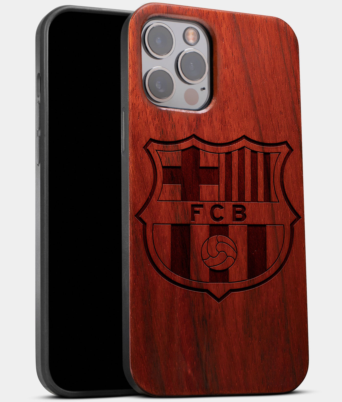 Best Wood FC Barcelona iPhone 13 Pro Max Case | Custom FC Barcelona Gift | Mahogany Wood Cover - Engraved In Nature