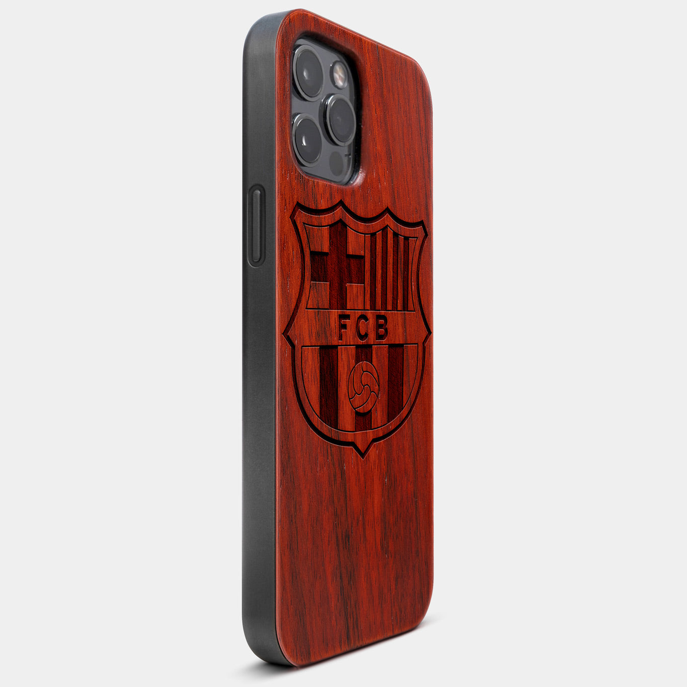 Best Wood FC Barcelona iPhone 13 Pro Max Case | Custom FC Barcelona Gift | Mahogany Wood Cover - Engraved In Nature