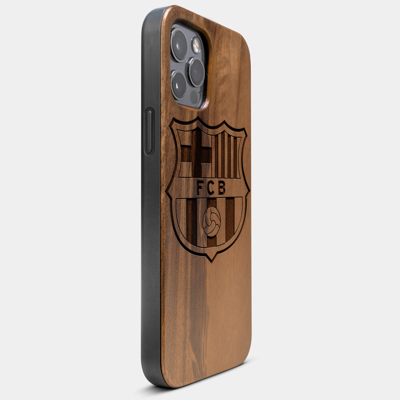 Best Wood FC Barcelona iPhone 13 Pro Max Case | Custom FC Barcelona Gift | Walnut Wood Cover - Engraved In Nature