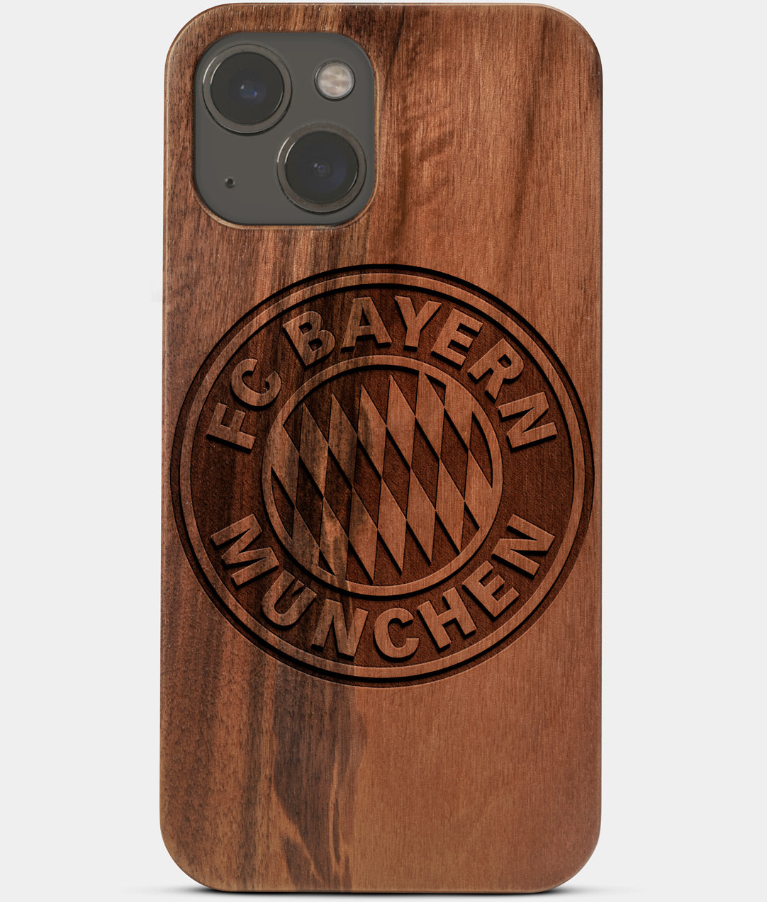Carved Wood FC Bayern Munich iPhone 13 Mini Case | Custom FC Bayern Munich Gift, Birthday Gift | Personalized Mahogany Wood Cover, Gifts For Him, Monogrammed Gift For Fan | by Engraved In Nature