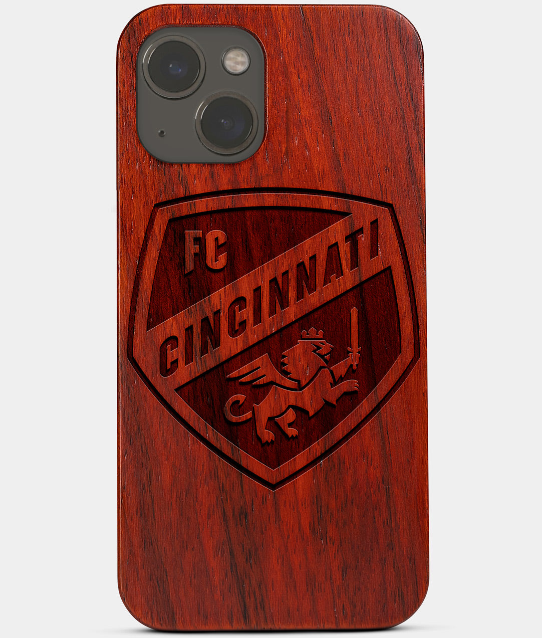 Carved Wood FC Cincinnati iPhone 13 Mini Case | Custom FC Cincinnati Gift, Birthday Gift | Personalized Mahogany Wood Cover, Gifts For Him, Monogrammed Gift For Fan | by Engraved In Nature