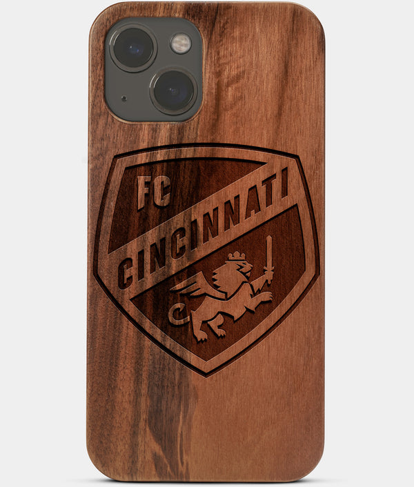 Carved Wood FC Cincinnati iPhone 13 Mini Case | Custom FC Cincinnati Gift, Birthday Gift | Personalized Mahogany Wood Cover, Gifts For Him, Monogrammed Gift For Fan | by Engraved In Nature
