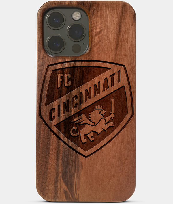 Carved Wood FC Cincinnati iPhone 13 Pro Case | Custom FC Cincinnati Gift, Birthday Gift | Personalized Mahogany Wood Cover, Gifts For Him, Monogrammed Gift For Fan | by Engraved In Nature