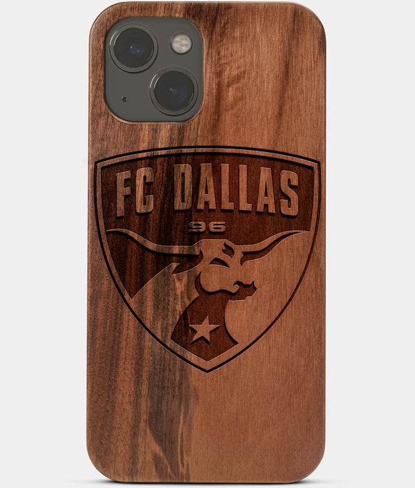 Carved Wood FC Dallas iPhone 13 Mini Case | Custom FC Dallas Gift, Birthday Gift | Personalized Mahogany Wood Cover, Gifts For Him, Monogrammed Gift For Fan | by Engraved In Nature