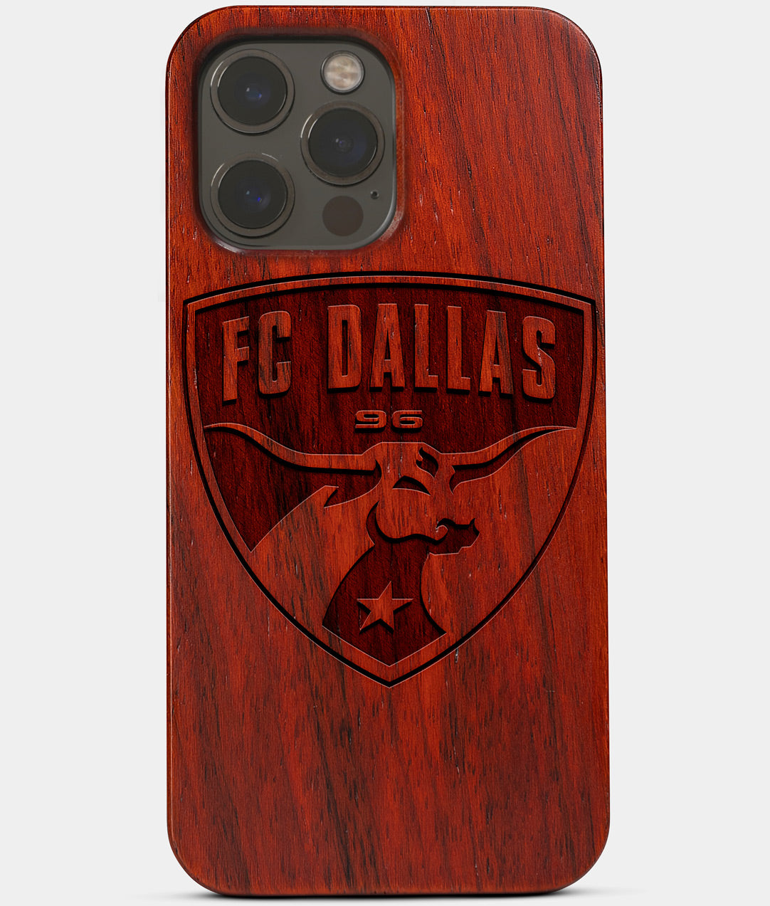 Carved Wood FC Dallas iPhone 13 Pro Case | Custom FC Dallas Gift, Birthday Gift | Personalized Mahogany Wood Cover, Gifts For Him, Monogrammed Gift For Fan | by Engraved In Nature