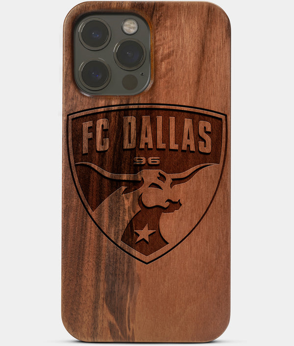 Carved Wood FC Dallas iPhone 13 Pro Case | Custom FC Dallas Gift, Birthday Gift | Personalized Mahogany Wood Cover, Gifts For Him, Monogrammed Gift For Fan | by Engraved In Nature