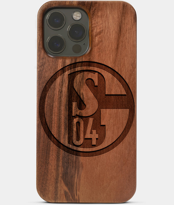 Carved Wood FC Schalke 04 iPhone 13 Pro Case | Custom FC Schalke 04 Gift, Birthday Gift | Personalized Mahogany Wood Cover, Gifts For Him, Monogrammed Gift For Fan | by Engraved In Nature