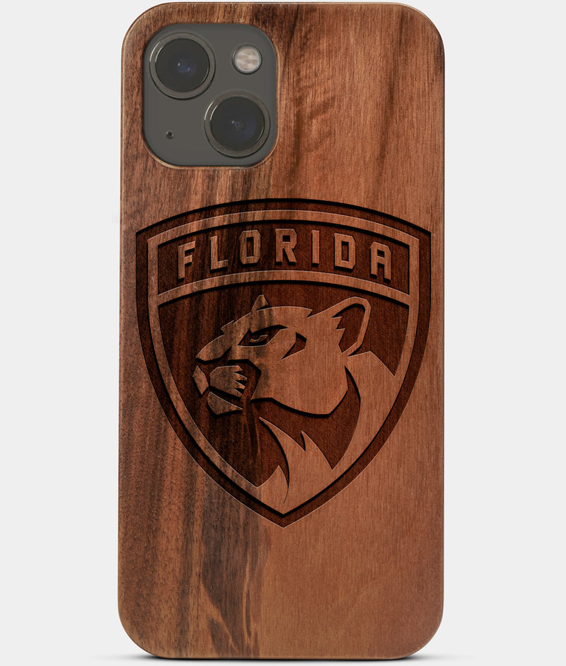 Carved Wood Florida Panthers iPhone 13 Case | Custom Florida Panthers Gift, Birthday Gift | Personalized Mahogany Wood Cover, Gifts For Him, Monogrammed Gift For Fan | by Engraved In Nature
