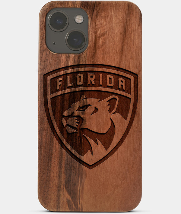 Carved Wood Florida Panthers iPhone 13 Mini Case | Custom Florida Panthers Gift, Birthday Gift | Personalized Mahogany Wood Cover, Gifts For Him, Monogrammed Gift For Fan | by Engraved In Nature