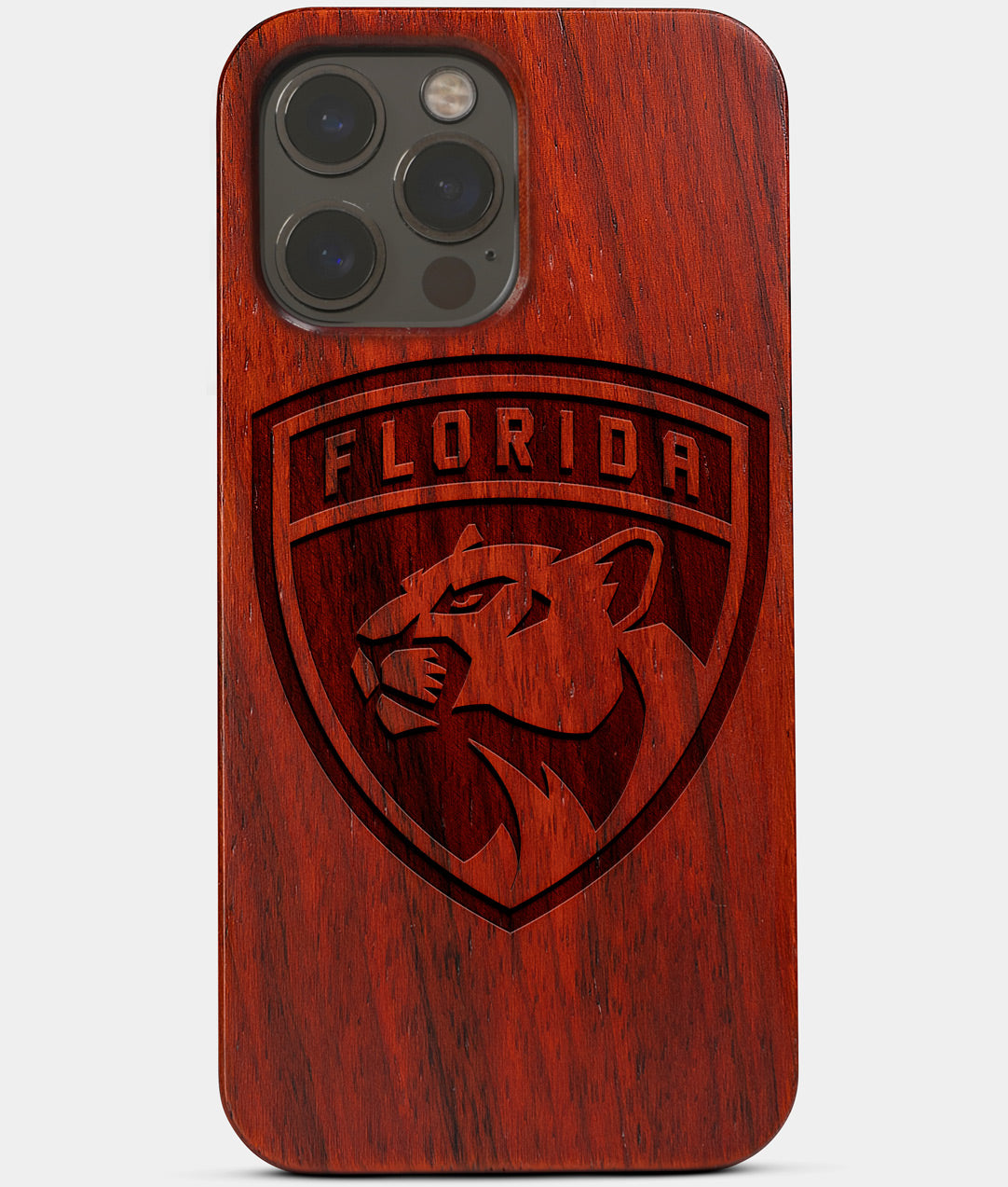 Carved Wood Florida Panthers iPhone 13 Pro Max Case | Custom Florida Panthers Gift, Birthday Gift | Personalized Mahogany Wood Cover, Gifts For Him, Monogrammed Gift For Fan | by Engraved In Nature