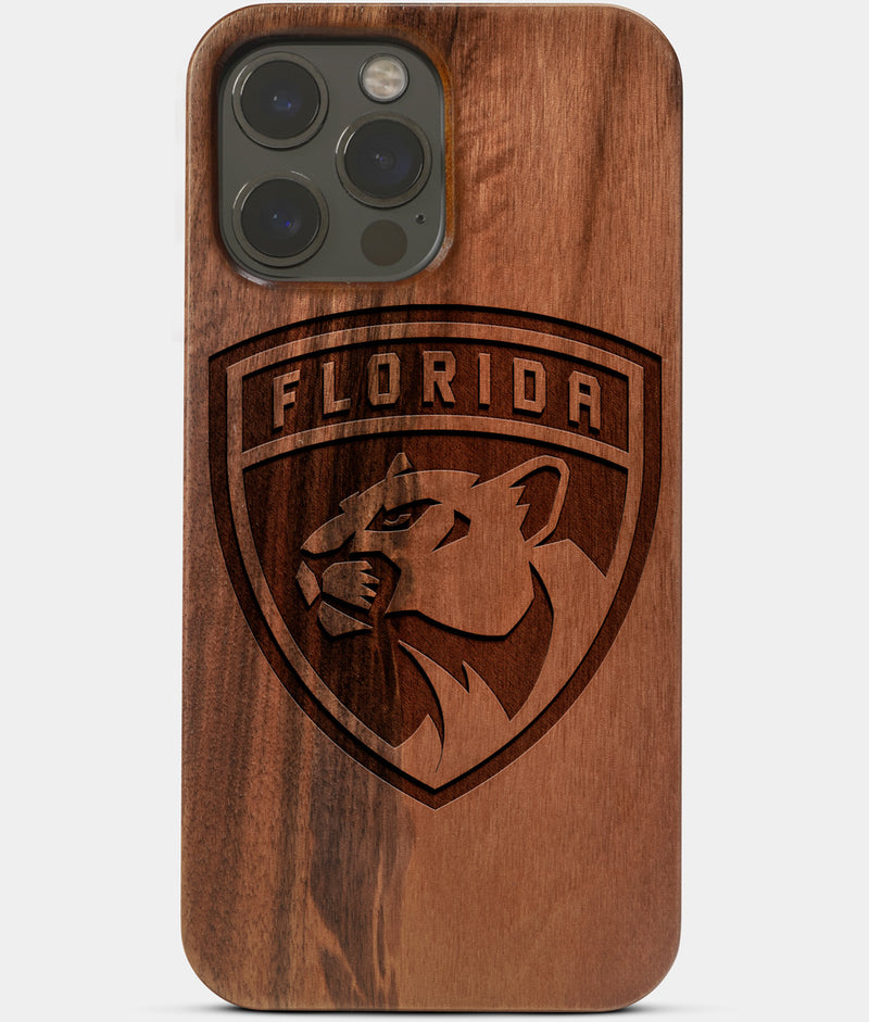 Carved Wood Florida Panthers iPhone 13 Pro Max Case | Custom Florida Panthers Gift, Birthday Gift | Personalized Mahogany Wood Cover, Gifts For Him, Monogrammed Gift For Fan | by Engraved In Nature