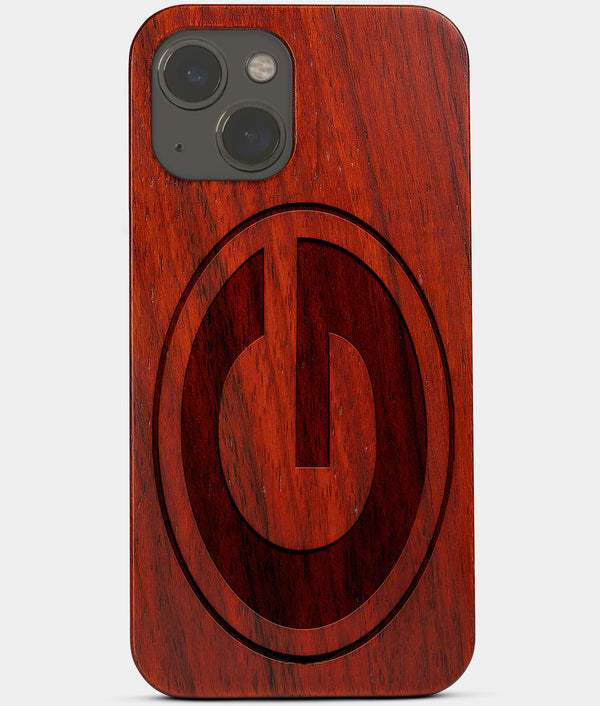 Carved Wood Green Bay Packers iPhone 13 Mini Case | Custom Green Bay Packers Gift, Birthday Gift | Personalized Mahogany Wood Cover, Gifts For Him, Monogrammed Gift For Fan | by Engraved In Nature