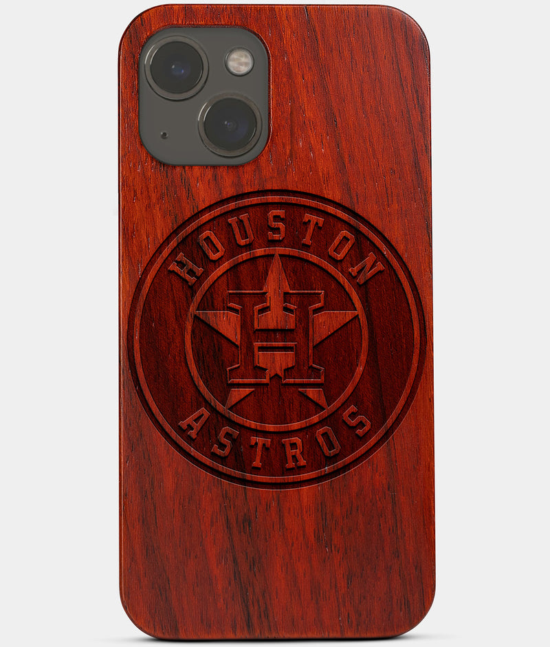 Carved Wood Houston Astros iPhone 13 Case | Custom Houston Astros Gift, Birthday Gift | Personalized Mahogany Wood Cover, Gifts For Him, Monogrammed Gift For Fan | by Engraved In Nature